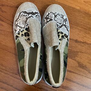 Size 9 multicolor sneakers. Snakeskin, animal print, camouflage and canvas